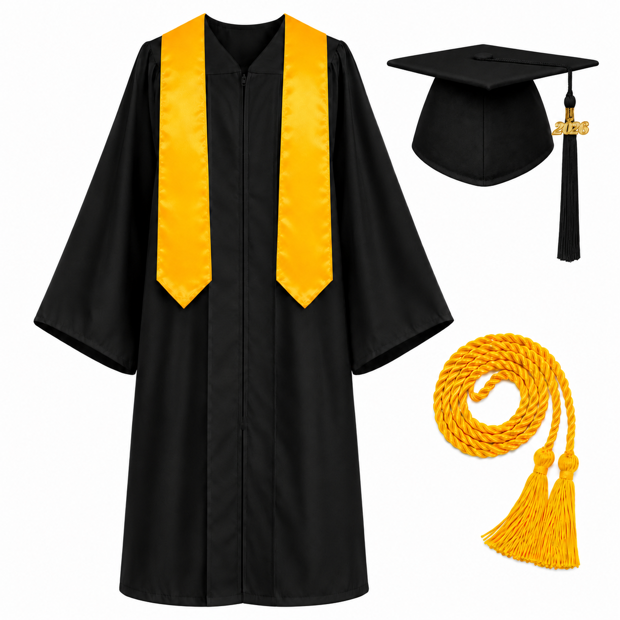 Unisex Graduation Cap & Gown Set with Gold Stole and Honor Cord