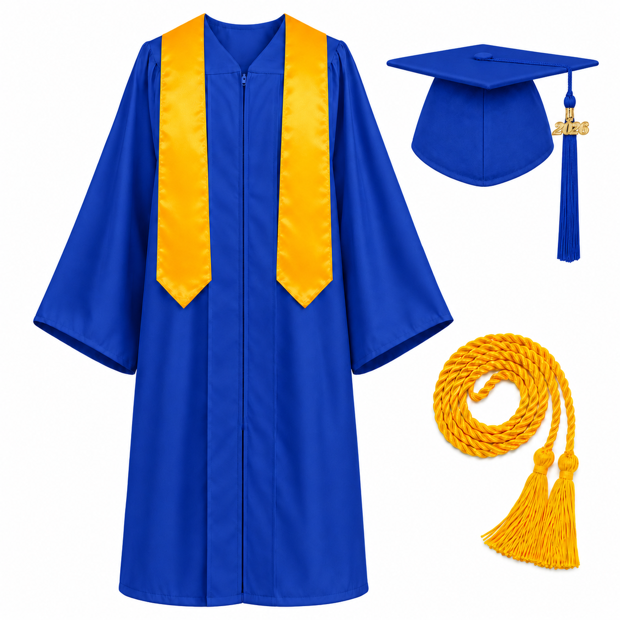 Unisex Graduation Cap & Gown Set with Gold Stole and Honor Cord