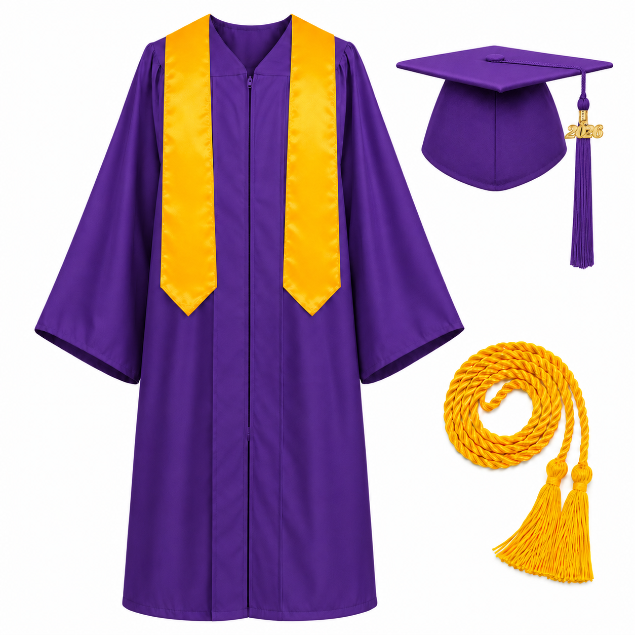Unisex Graduation Cap & Gown Set with Gold Stole and Honor Cord