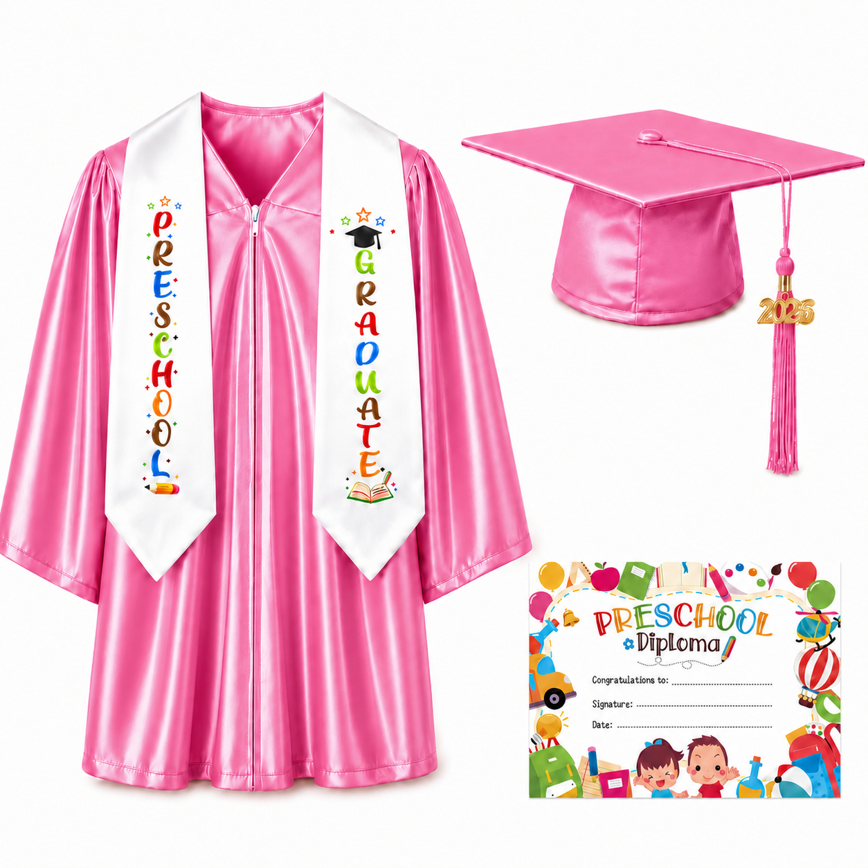 Shiny Preschool Graduation Gown Set with Cap, Stole & Diploma