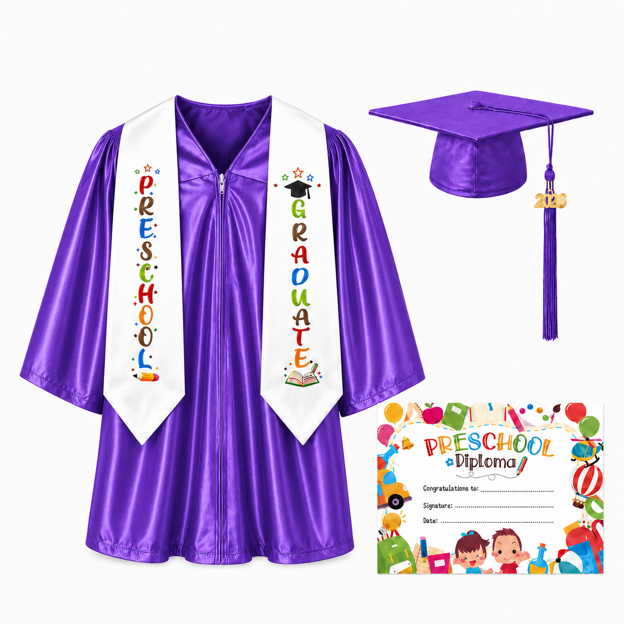 Shiny Preschool Graduation Gown Set with Cap, Stole & Diploma