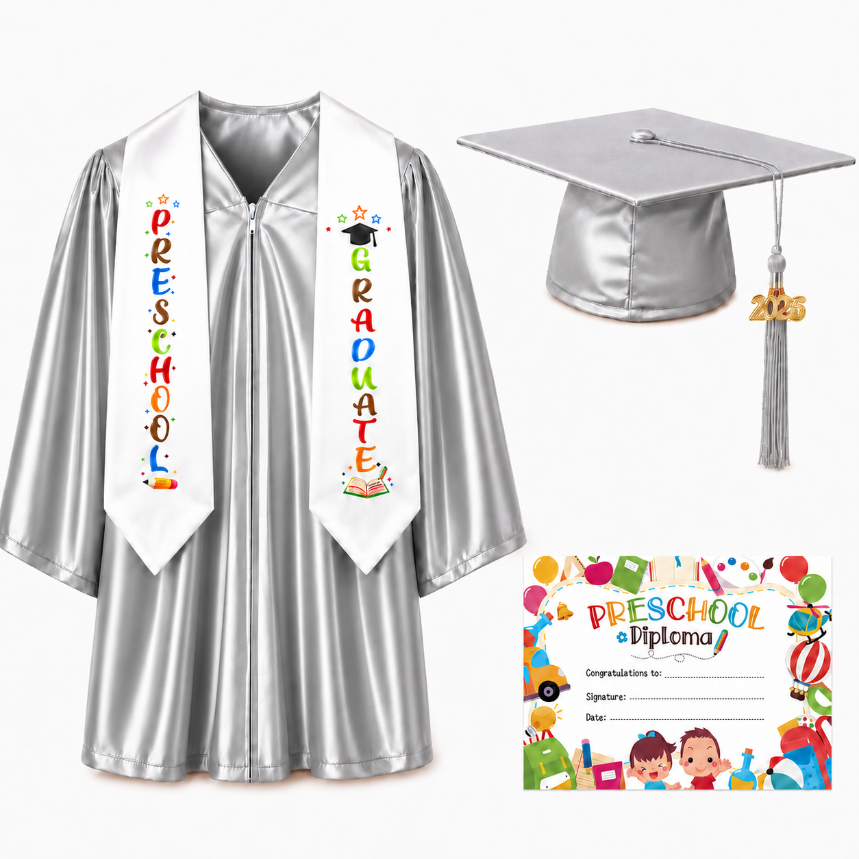 Shiny Preschool Graduation Gown Set with Cap, Stole & Diploma