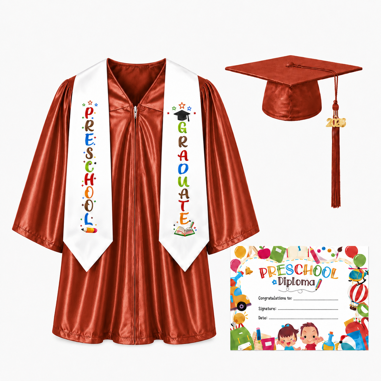 Shiny Preschool Graduation Gown Set with Cap, Stole & Diploma