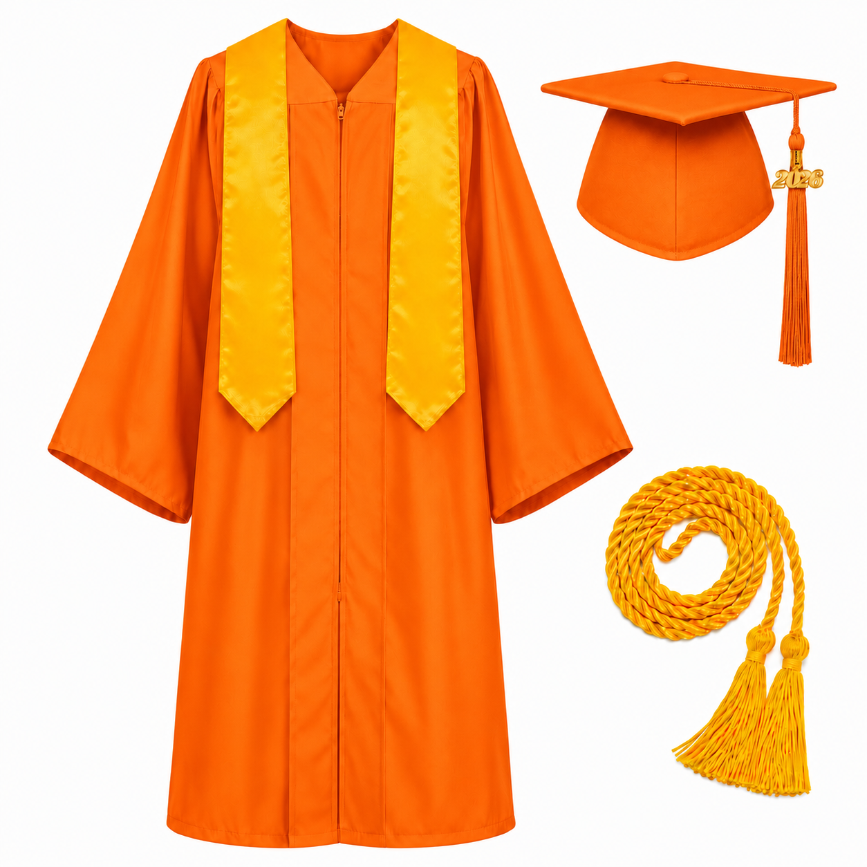 Unisex Graduation Cap & Gown Set with Gold Stole and Honor Cord