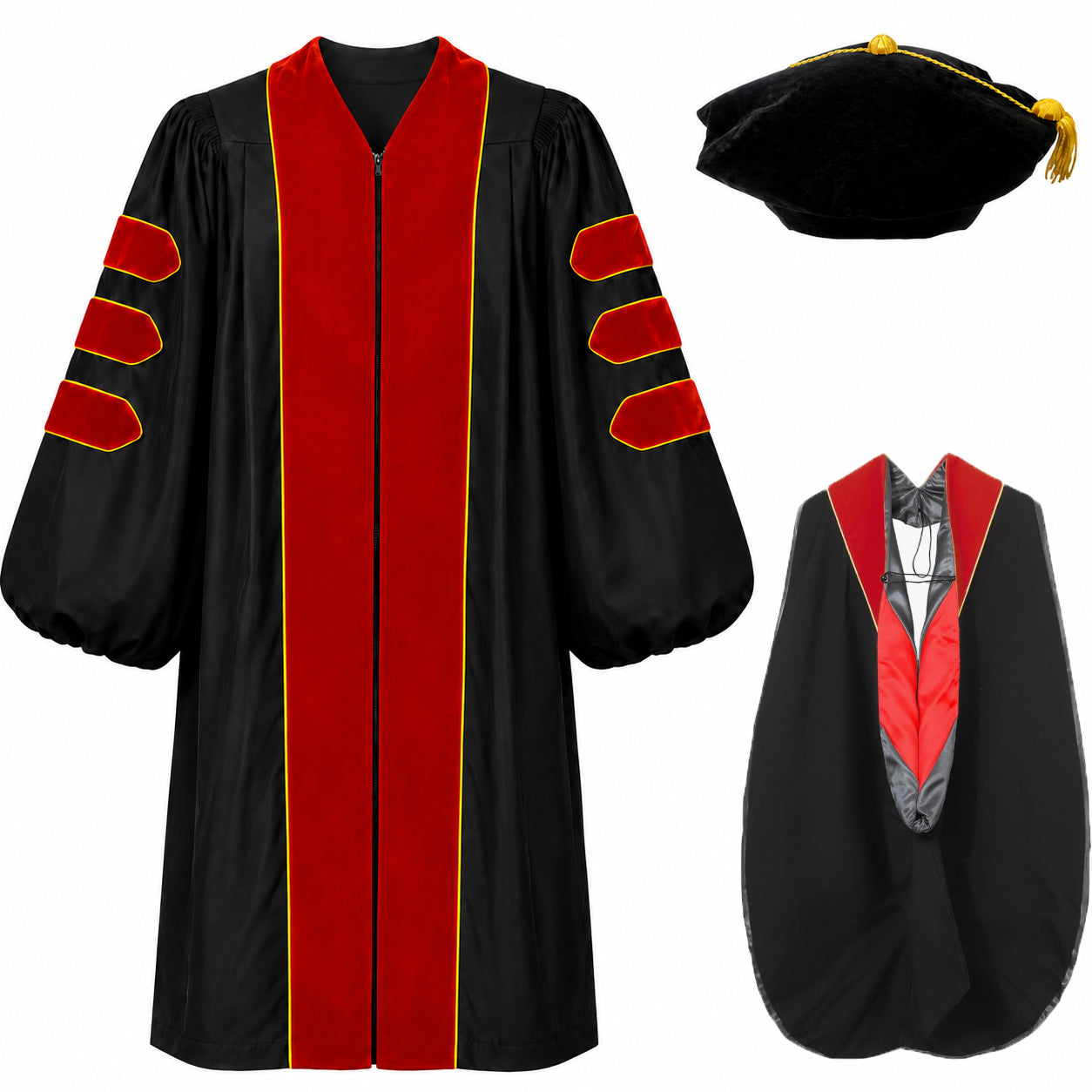 Doctoral Gown Set with Hood & 8-Sided Tam-Velvet & Gold Piping