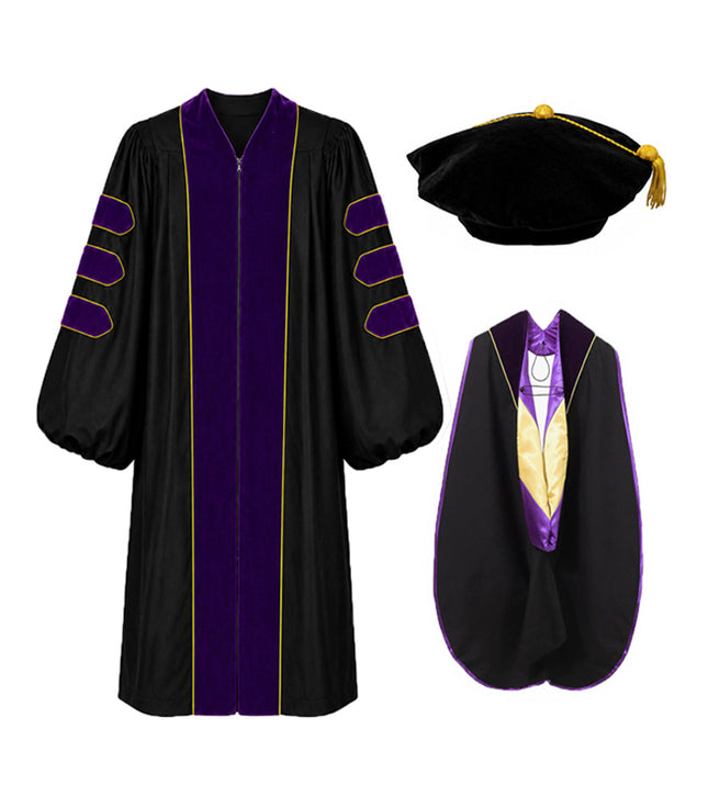 Doctoral Gown Set with Hood & 8-Sided Tam-Velvet & Gold Piping