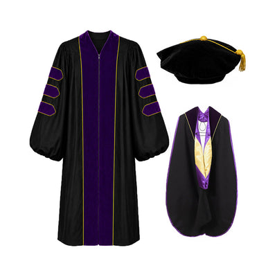 Doctoral Gown Set with Hood & 8-Sided Tam-Velvet & Gold Piping