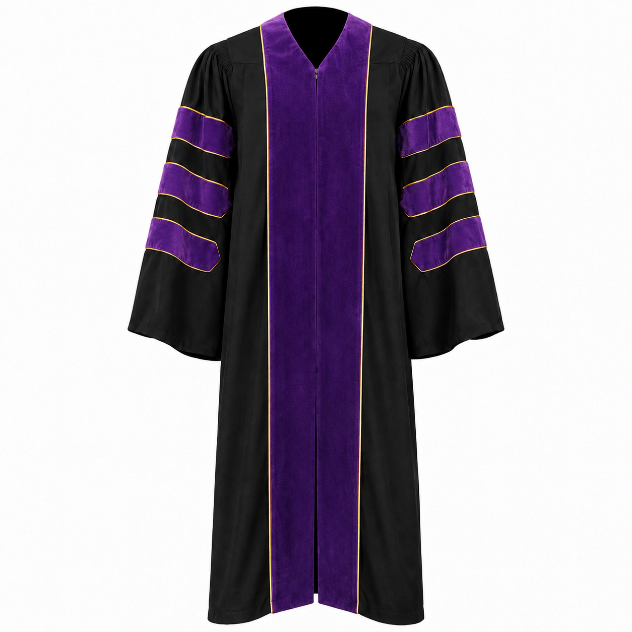 Doctoral Graduation Gown with Velvet Panels & Gold Piping
