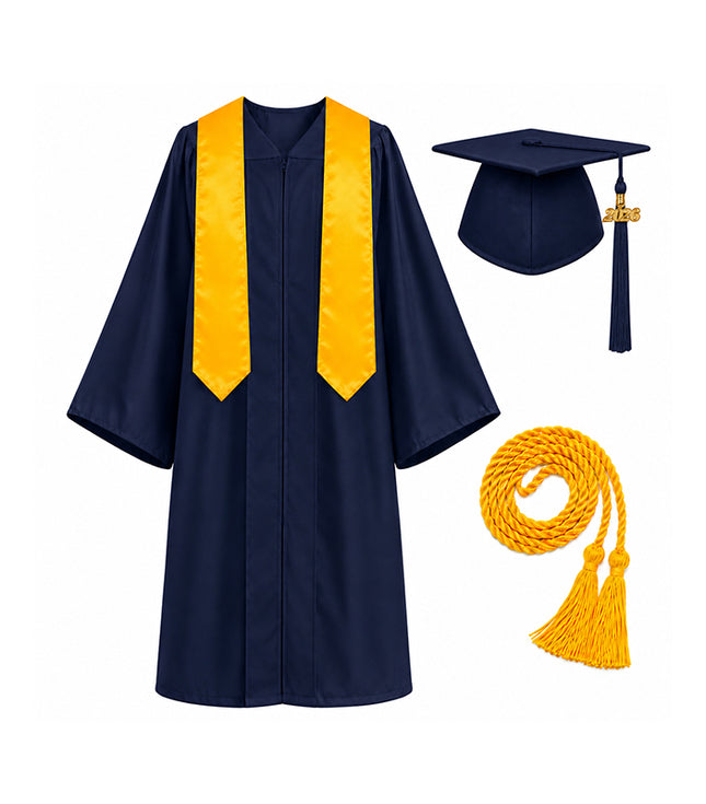 Unisex Graduation Cap & Gown Set with Gold Stole and Honor Cord