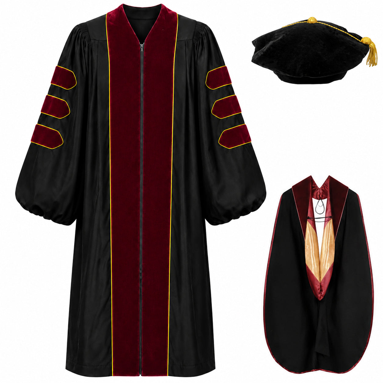 Doctoral Gown Set with Hood & 8-Sided Tam-Velvet & Gold Piping