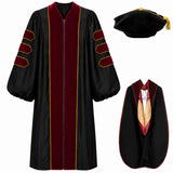 Doctoral Gown Set with Hood & 8-Sided Tam-Velvet & Gold Piping
