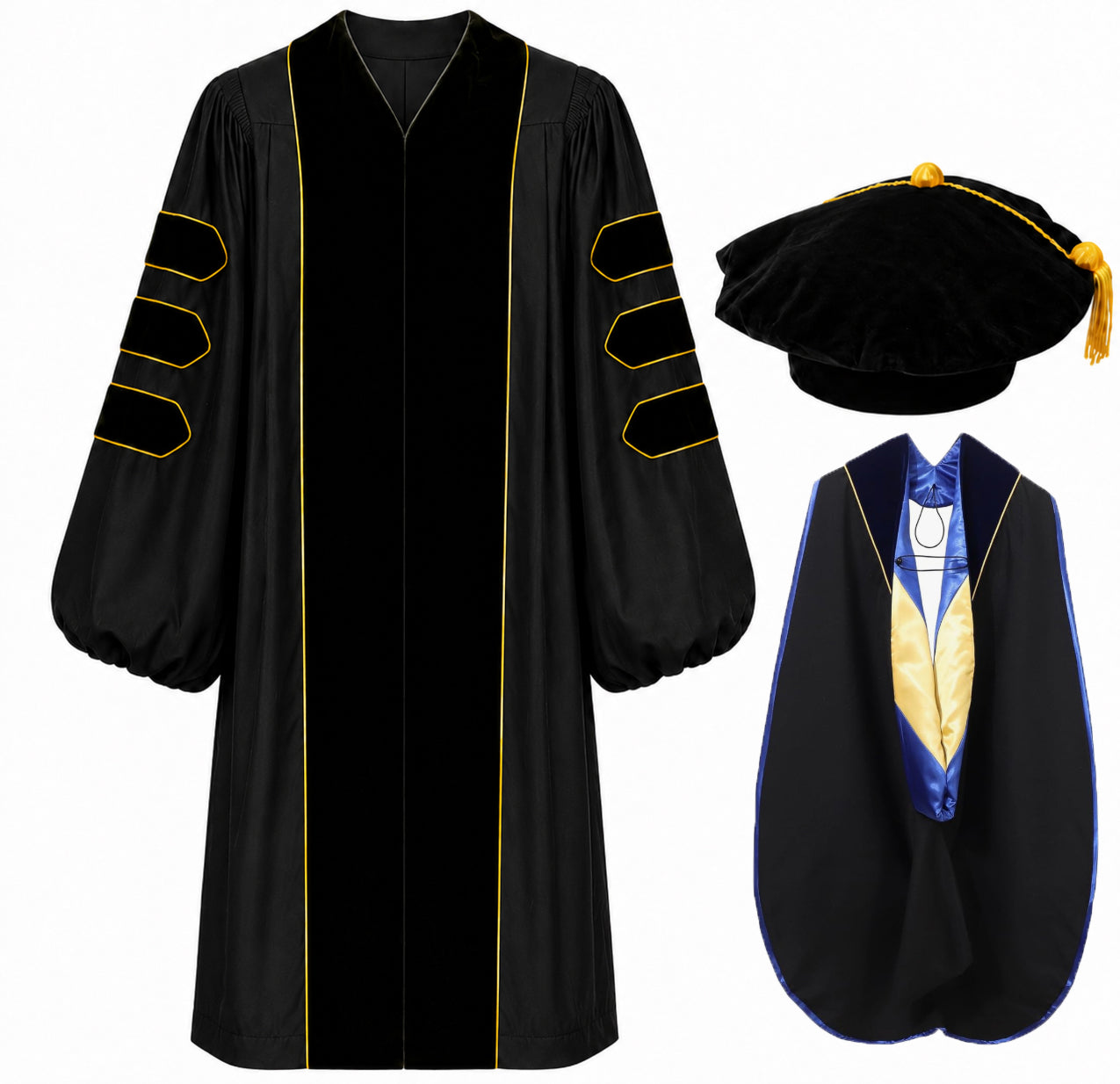 Doctoral Gown Set with Hood & 8-Sided Tam-Velvet & Gold Piping