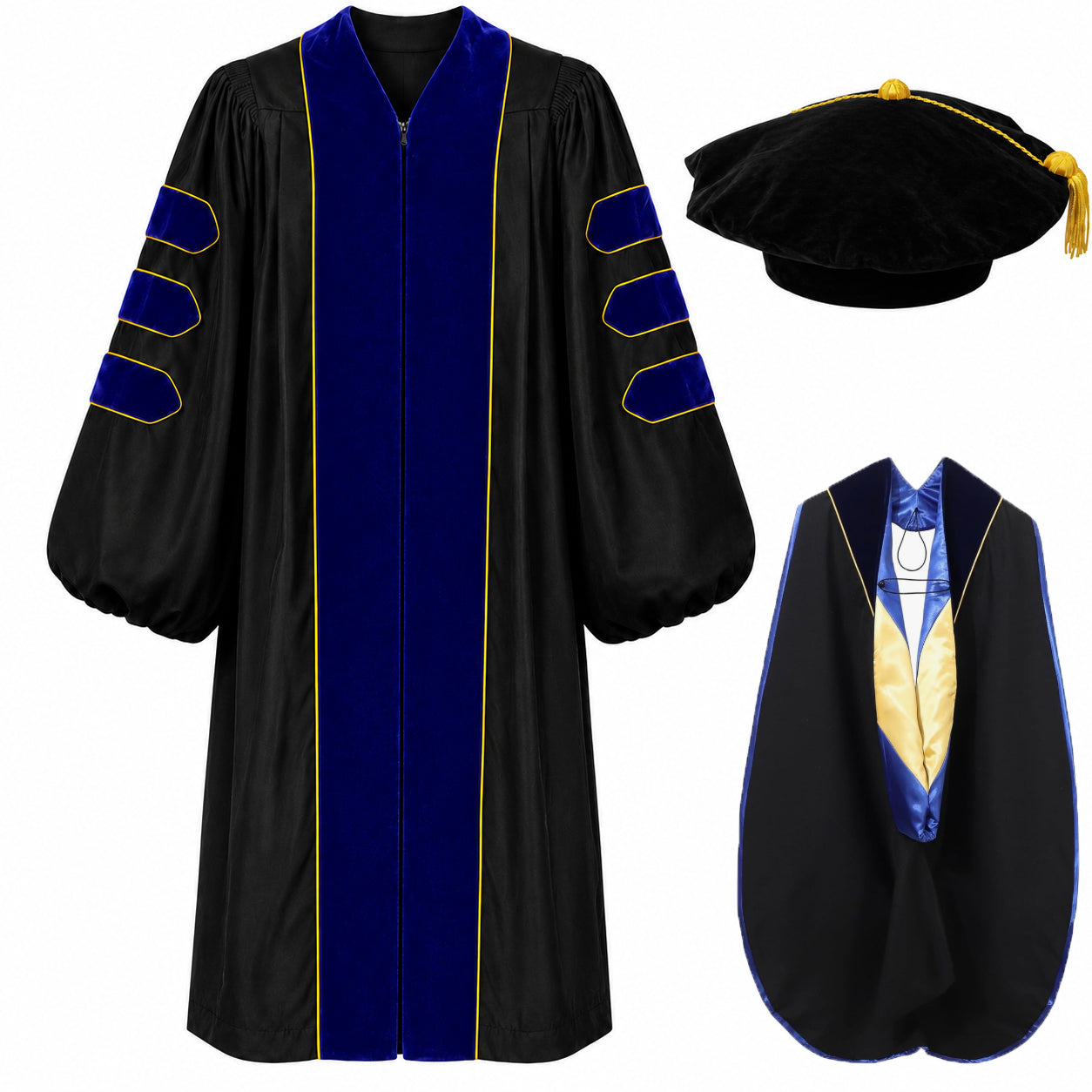 Doctoral Gown Set with Hood & 8-Sided Tam-Velvet & Gold Piping