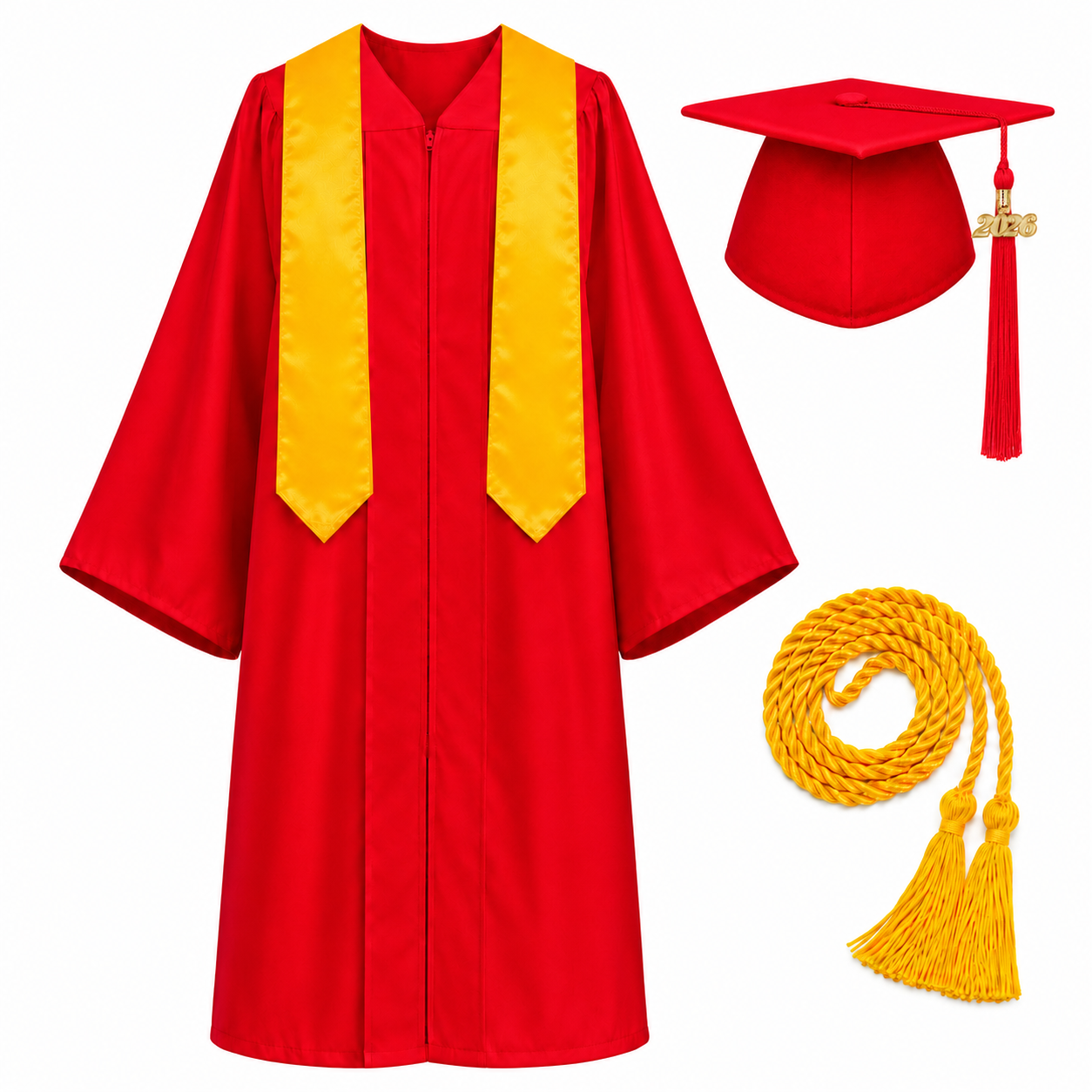 Unisex Graduation Cap & Gown Set with Gold Stole and Honor Cord