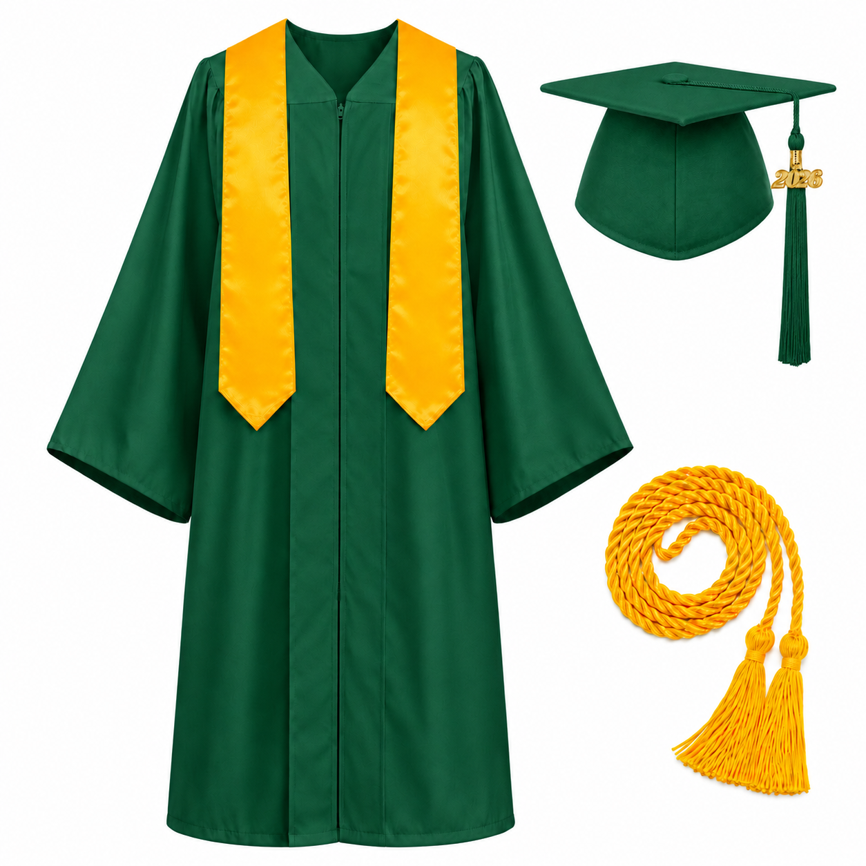 Unisex Graduation Cap & Gown Set with Gold Stole and Honor Cord