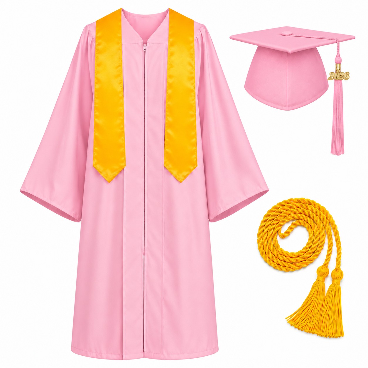 Unisex Graduation Cap & Gown Set with Gold Stole and Honor Cord