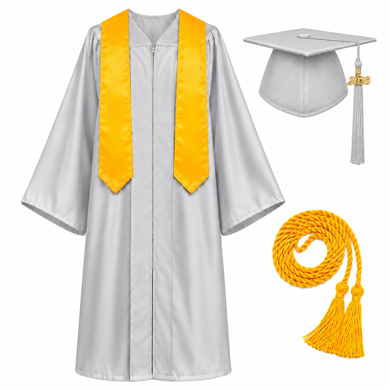 Unisex Graduation Cap & Gown Set with Gold Stole and Honor Cord