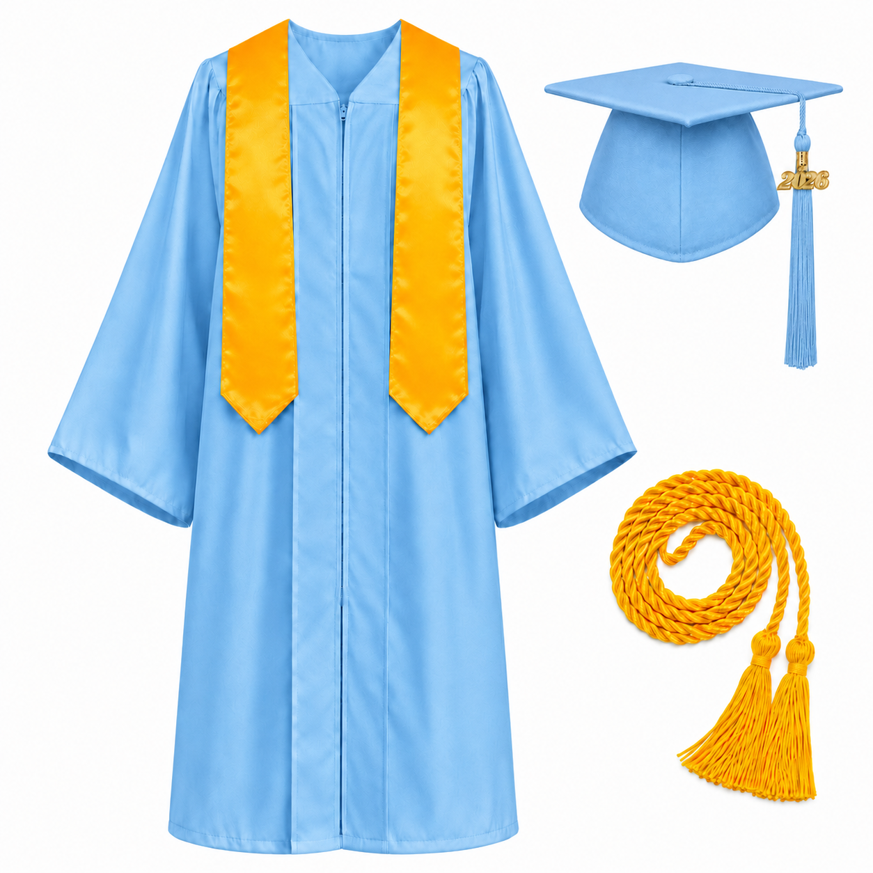 Unisex Graduation Cap & Gown Set with Gold Stole and Honor Cord
