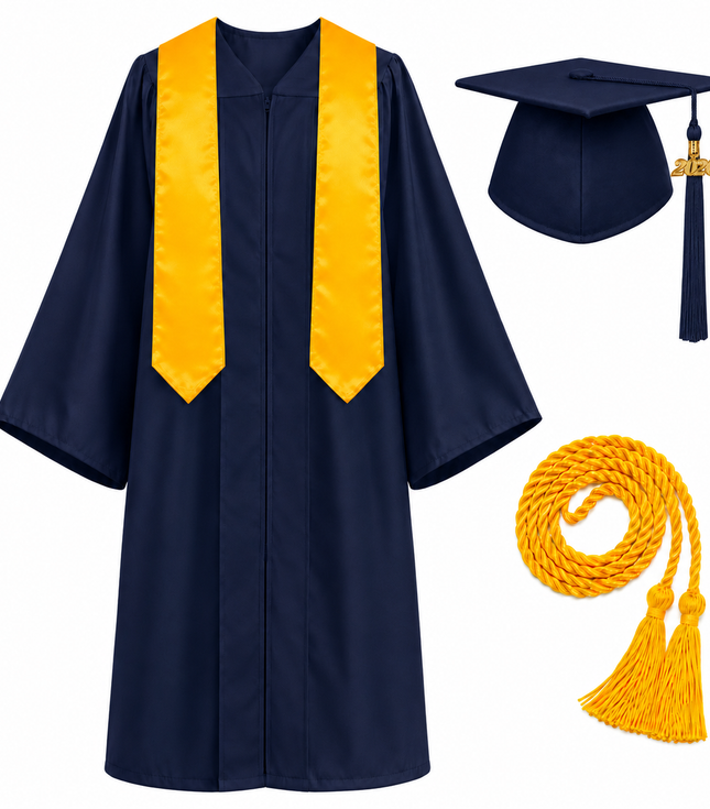 Unisex Graduation Cap & Gown Set with Gold Stole and Honor Cord