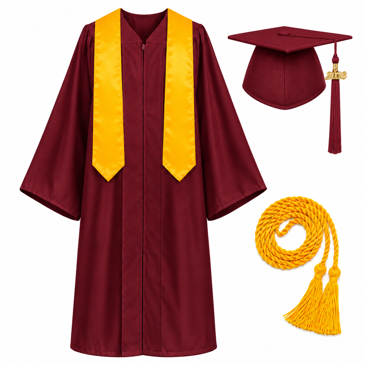 Unisex Graduation Cap & Gown Set with Gold Stole and Honor Cord