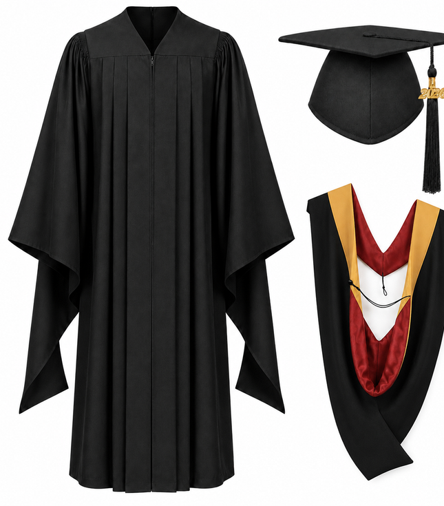 Master’s Graduation Gown Set with Cap, Tassel & Academic Hood