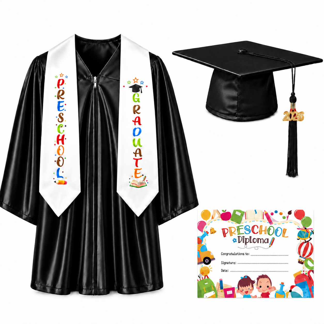 Shiny Preschool Graduation Gown Set with Cap, Stole & Diploma