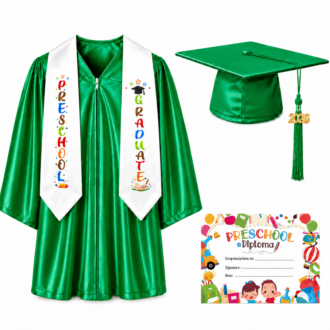 Shiny Preschool Graduation Gown Set with Cap, Stole & Diploma
