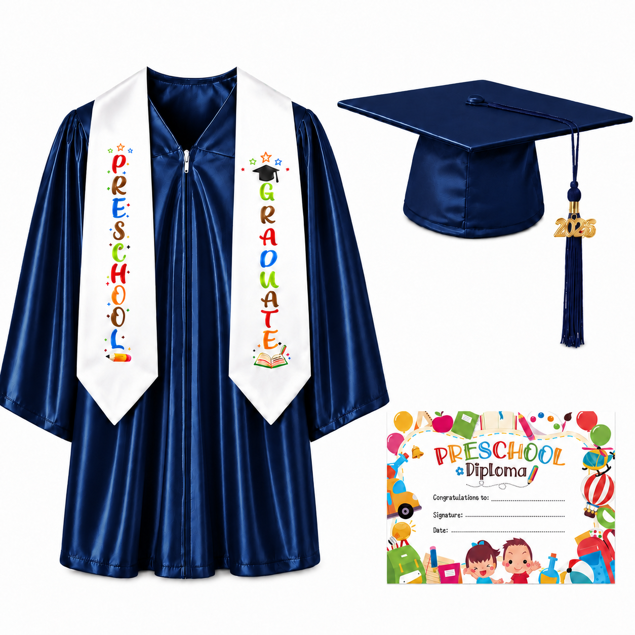 Shiny Preschool Graduation Gown Set with Cap, Stole & Diploma