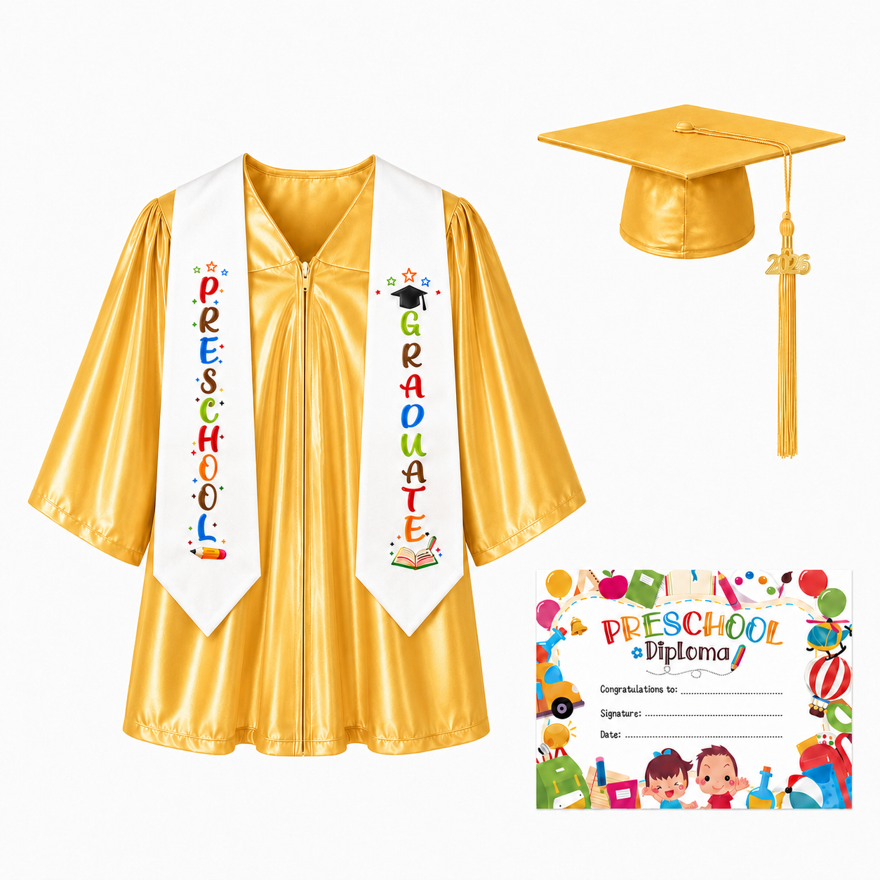 Shiny Preschool Graduation Gown Set with Cap, Stole & Diploma