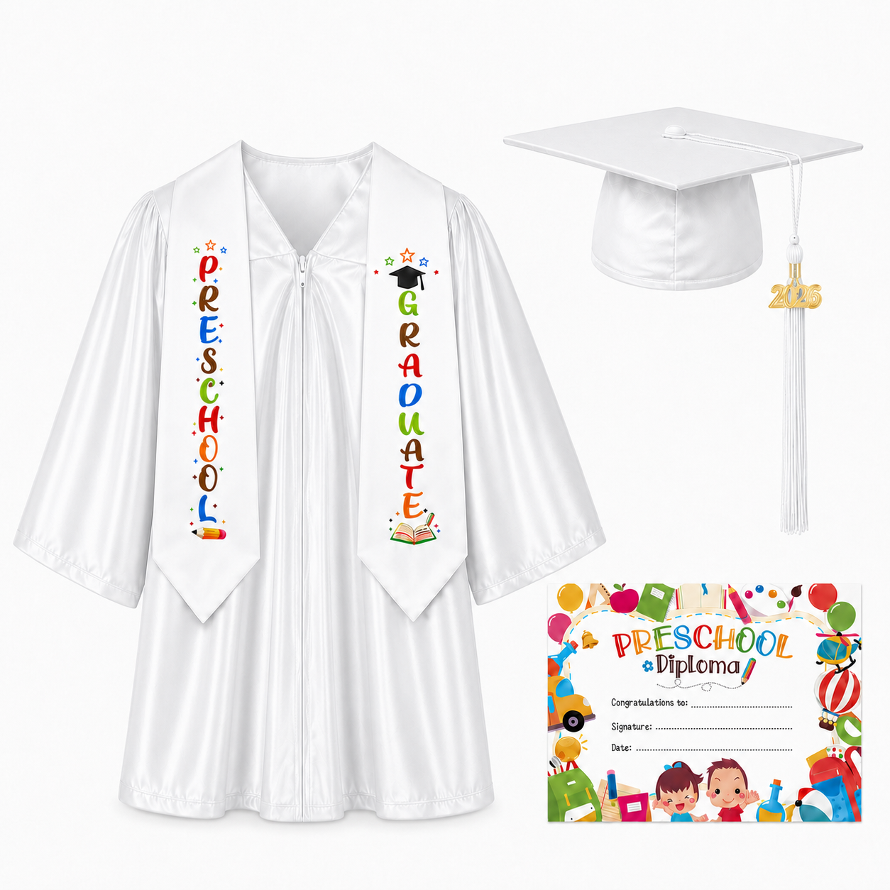 Shiny Preschool Graduation Gown Set with Cap, Stole & Diploma