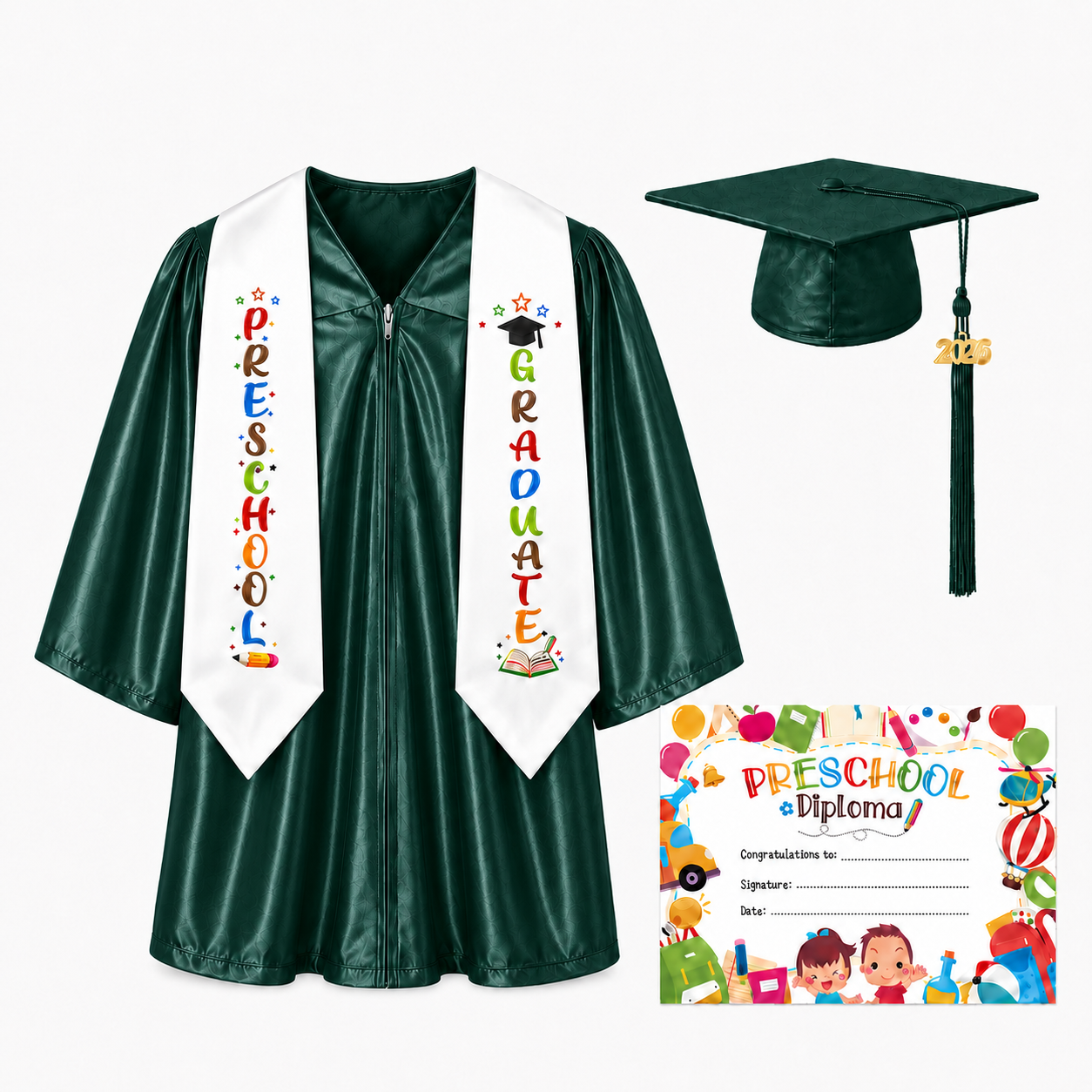 Shiny Preschool Graduation Gown Set with Cap, Stole & Diploma