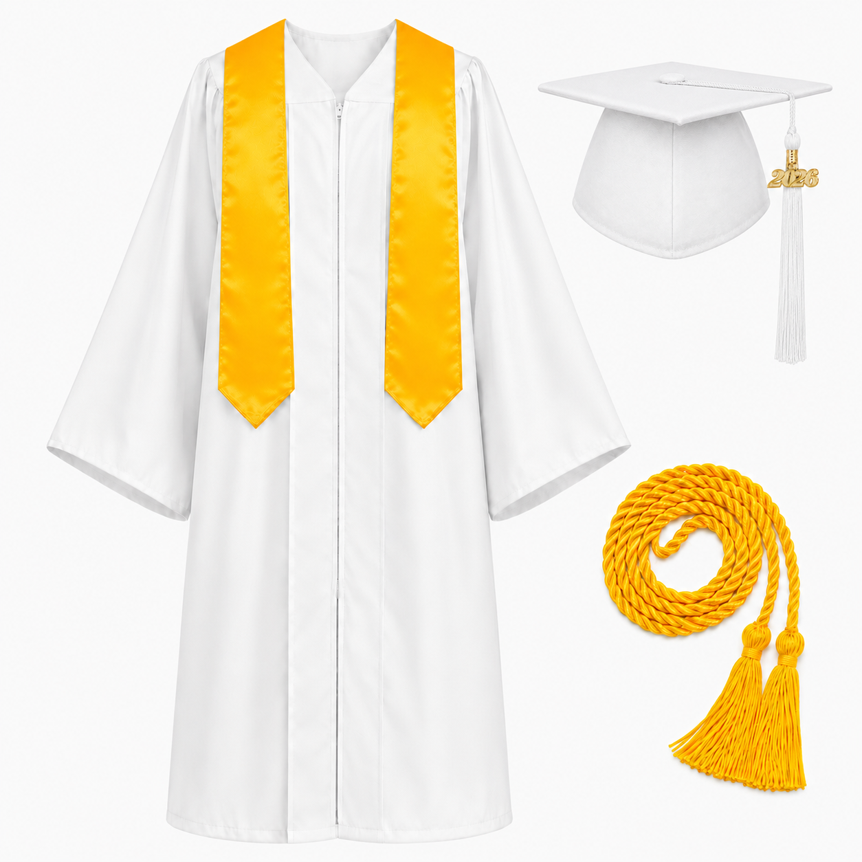 Unisex Graduation Cap & Gown Set with Gold Stole and Honor Cord