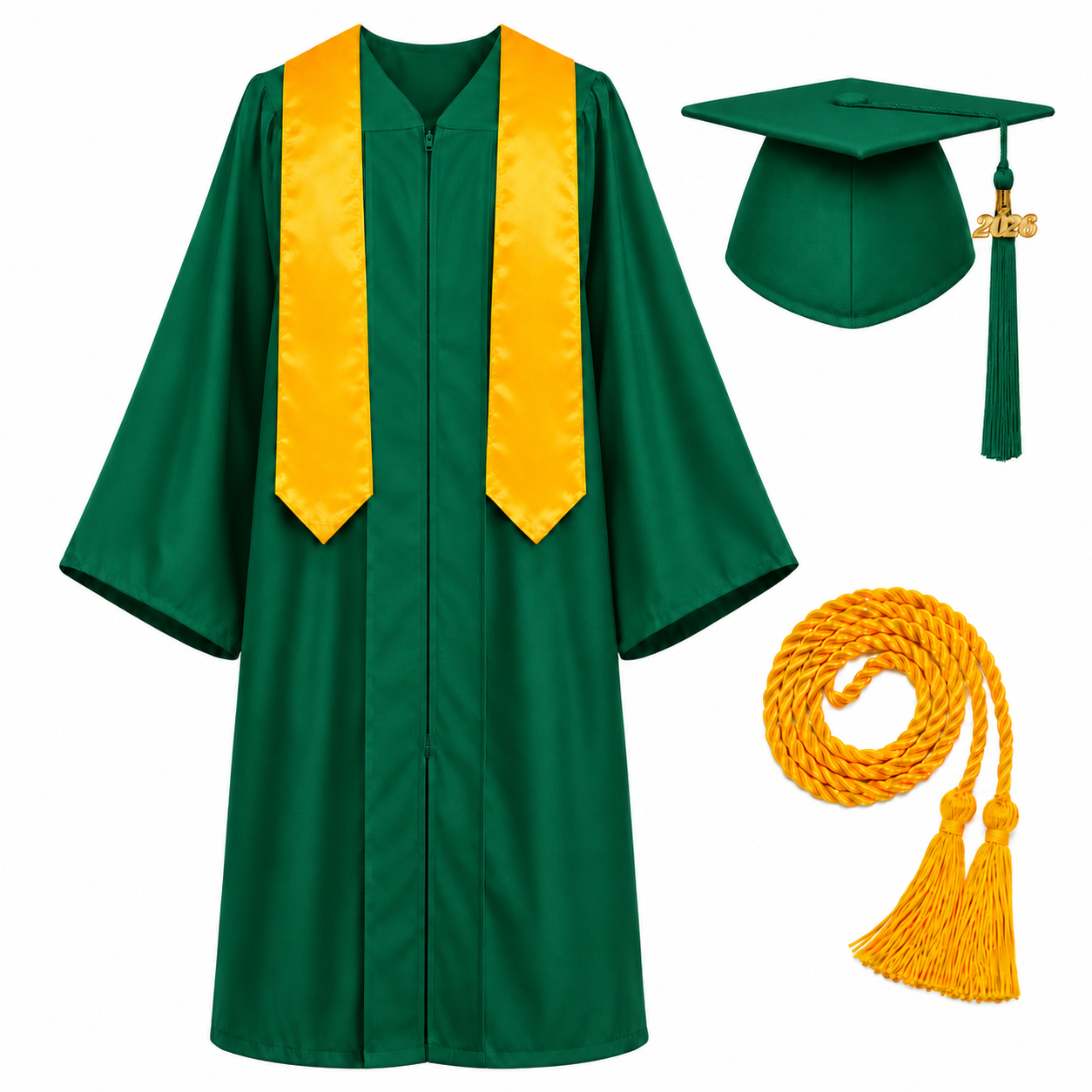 Unisex Graduation Cap & Gown Set with Gold Stole and Honor Cord