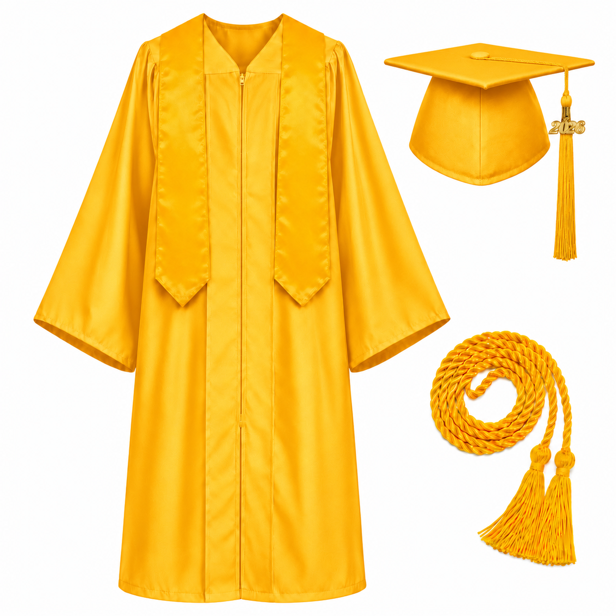 Unisex Graduation Cap & Gown Set with Gold Stole and Honor Cord