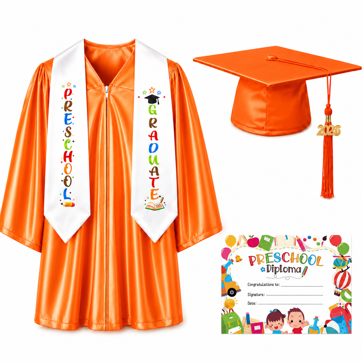 Shiny Preschool Graduation Gown Set with Cap, Stole & Diploma