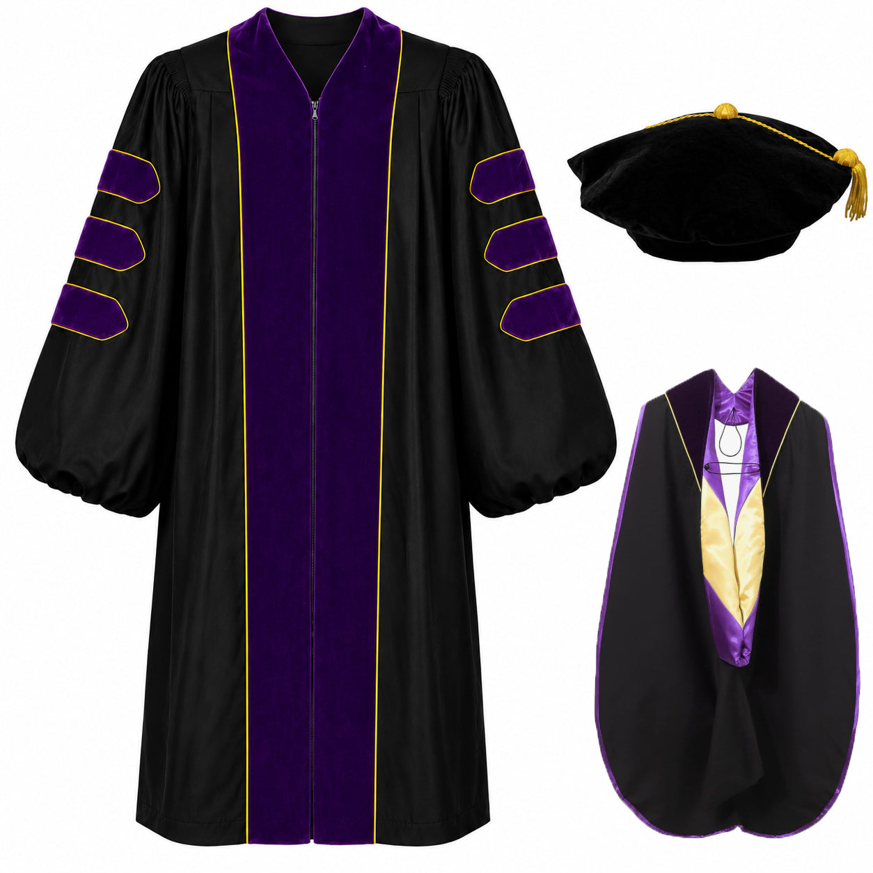 Doctoral Gown Set with Hood & 8-Sided Tam-Velvet & Gold Piping