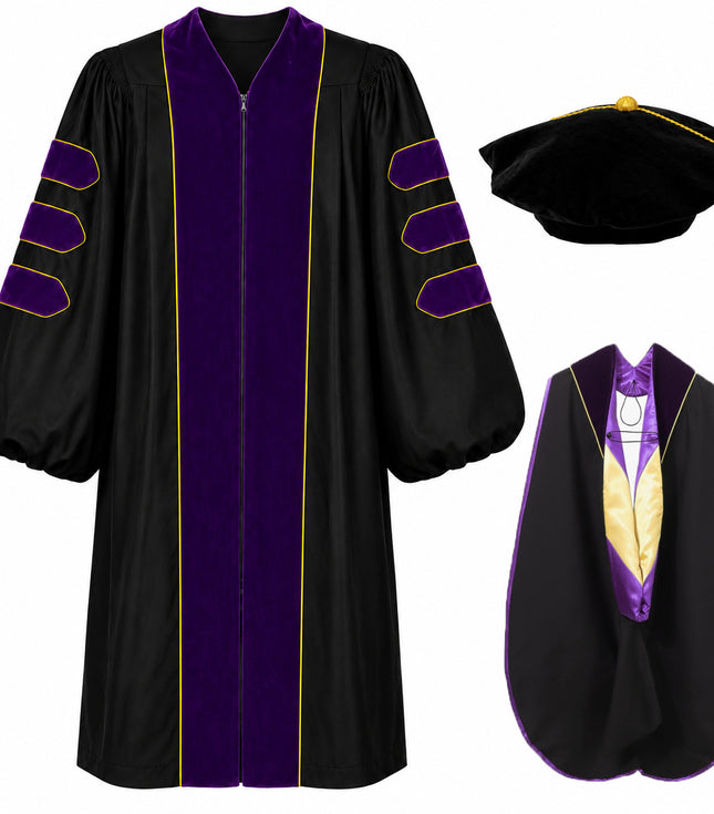 Doctoral Gown Set with Hood & 8-Sided Tam-Velvet & Gold Piping