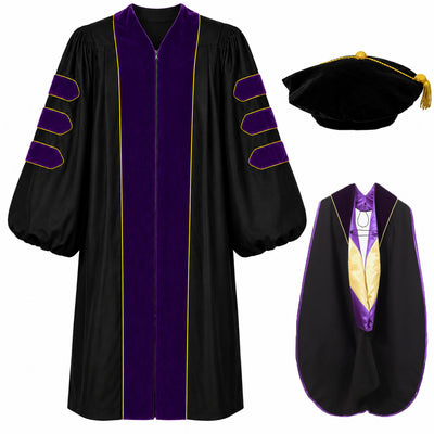 Doctoral Gown Set with Hood & 8-Sided Tam-Velvet & Gold Piping